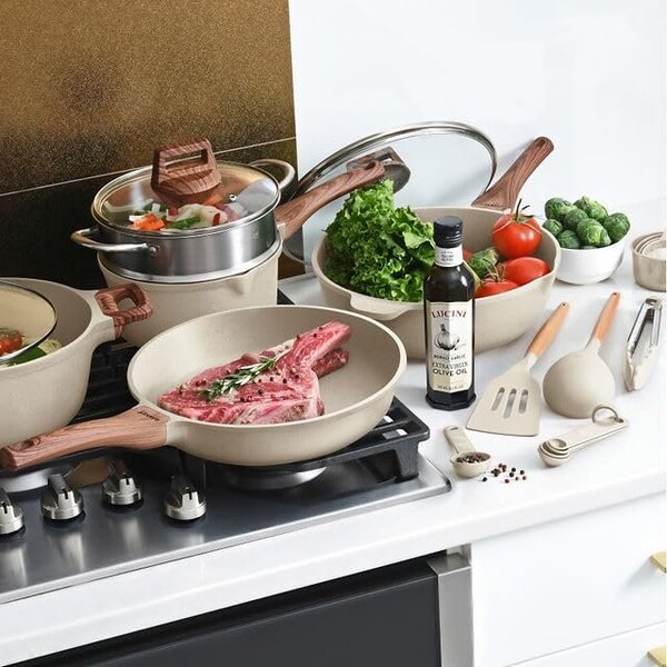 Bakken-Swiss 14-Piece Kitchen Cookware Set, Granite Non-Stick, Eco-Friendly, Oven-Safe, All Stoves - BKCAS14CRM
