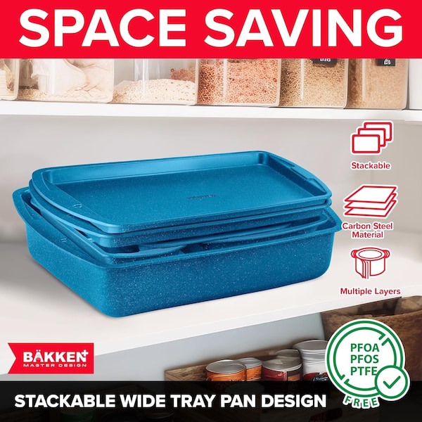 Bakken- Swiss Bakken Kitchen Baking Pan Nonstick Blue Marble Coating, Commercial Grade Carbon Steel Bakeware Sets - BAKDIEBLUE