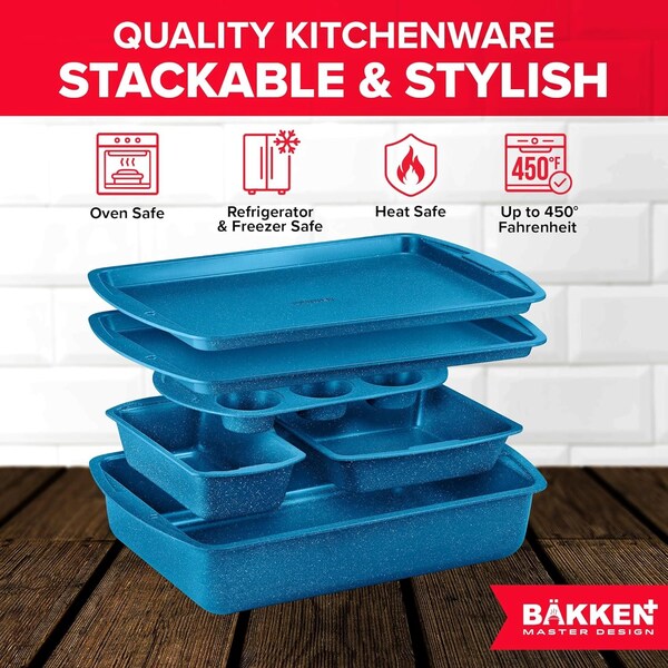 Bakken- Swiss Bakken Kitchen Baking Pan Nonstick Blue Marble Coating, Commercial Grade Carbon Steel Bakeware Sets - BAKDIEBLUE