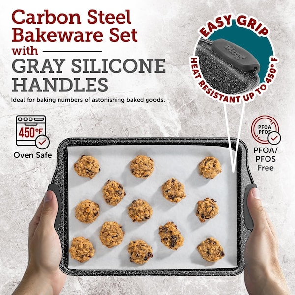 Bakken- Swiss BAKKEN 2-Piece Nonstick Cookie Sheet Set, Medium and Large, Gray Silicone Handles, Oven Safe - BKB22GRYMAR