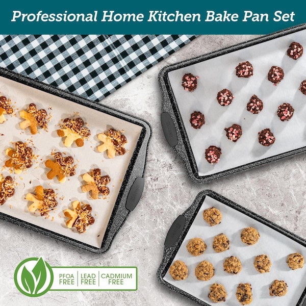 Bakken- Swiss BAKKEN 2-Piece Nonstick Cookie Sheet Set, Medium and Large, Gray Silicone Handles, Oven Safe - BKB22GRYMAR