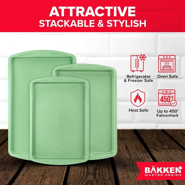 Bakken- Swiss BAKKEN 3-Piece Nonstick Baking Pan Set, Carbon Steel, PFOA-Free, Oven Safe, 450 DegF, Green Marble - BKWAV3PGRE
