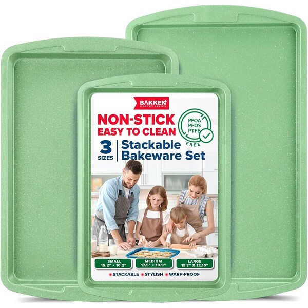 Bakken- Swiss BAKKEN 3-Piece Nonstick Baking Pan Set, Carbon Steel, PFOA-Free, Oven Safe, 450 DegF, Green Marble - BKWAV3PGRE