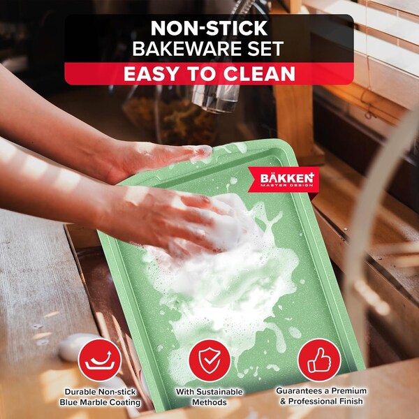 Bakken- Swiss BAKKEN 3-Piece Nonstick Baking Pan Set, Carbon Steel, PFOA-Free, Oven Safe, 450 DegF, Green Marble - BKWAV3PGRE