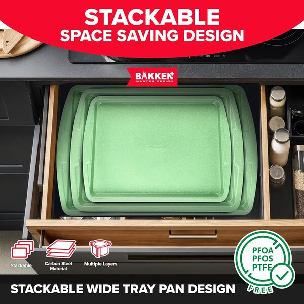 Bakken- Swiss BAKKEN 3-Piece Nonstick Baking Pan Set, Carbon Steel, PFOA-Free, Oven Safe, 450 DegF, Green Marble - BKWAV3PGRE