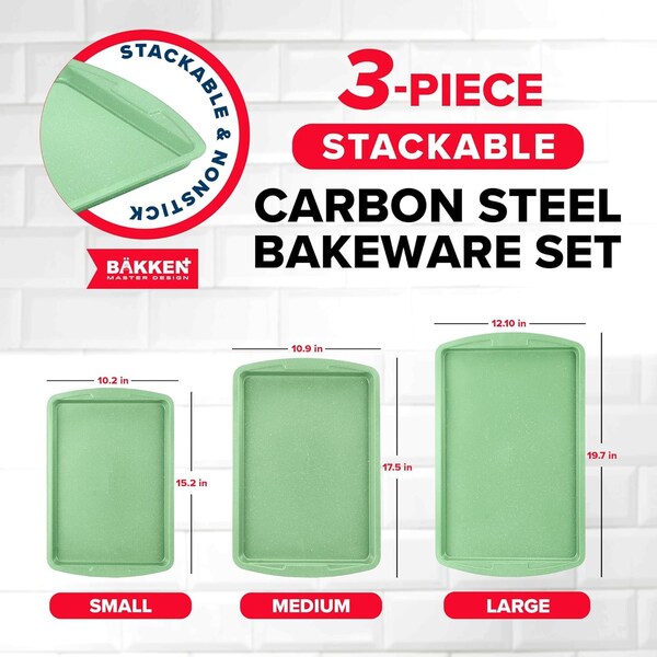 Bakken- Swiss BAKKEN 3-Piece Nonstick Baking Pan Set, Carbon Steel, PFOA-Free, Oven Safe, 450 DegF, Green Marble - BKWAV3PGRE