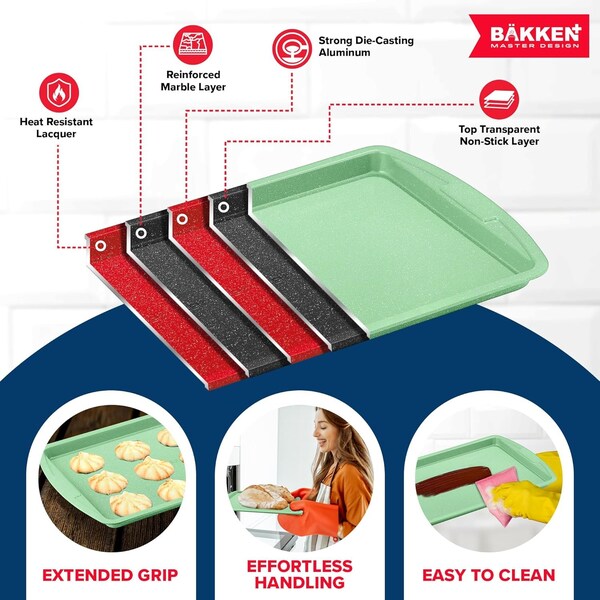 Bakken- Swiss BAKKEN 3-Piece Nonstick Baking Pan Set, Carbon Steel, PFOA-Free, Oven Safe, 450 DegF, Green Marble - BKWAV3PGRE