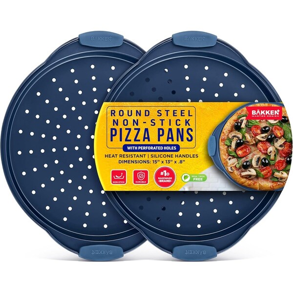 Bakken- Swiss BAKKEN Pizza Pan, Round Perforated, Nonstick Marble Coating, Dishwasher Safe, Blue, 2PK - BAKPIZSHRB86