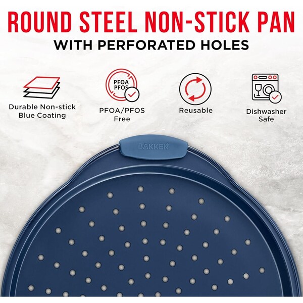 Bakken- Swiss BAKKEN Pizza Pan, Round Perforated, Nonstick Marble Coating, Dishwasher Safe, Blue, 2PK - BAKPIZSHRB86