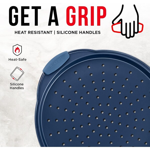 Bakken- Swiss BAKKEN Pizza Pan, Round Perforated, Nonstick Marble Coating, Dishwasher Safe, Blue, 2PK - BAKPIZSHRB86