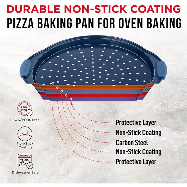 Bakken- Swiss BAKKEN Pizza Pan, Round Perforated, Nonstick Marble Coating, Dishwasher Safe, Blue, 2PK - BAKPIZSHRB86