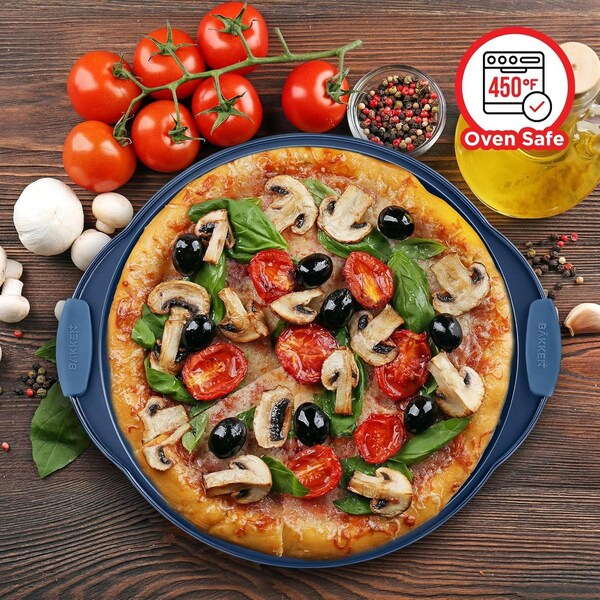 Bakken- Swiss BAKKEN Pizza Pan, Round Perforated, Nonstick Marble Coating, Dishwasher Safe, Blue, 2PK - BAKPIZSHRB86