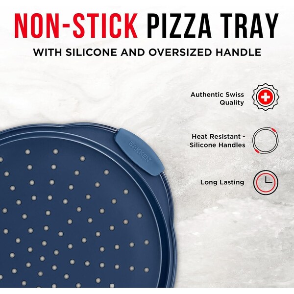 Bakken- Swiss BAKKEN Pizza Pan, Round Perforated, Nonstick Marble Coating, Dishwasher Safe, Blue, 2PK - BAKPIZSHRB86