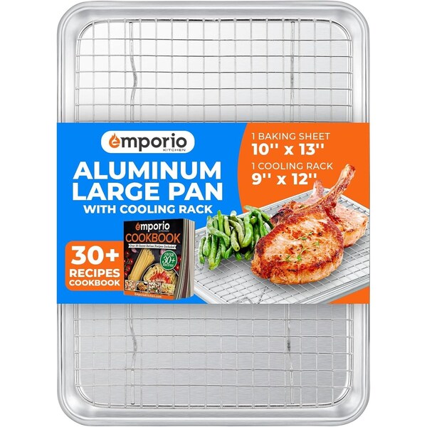 Emporio Kitchen Baking Pan Set, 9in. x 13in. Aluminum Baking Pan with Stainless Steel Cooling Rack Set - EMPKSST9
