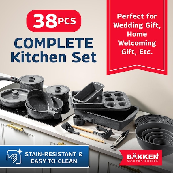 Bakkenmaster Bakken Master 38 Piece Granite Cookware and Bakeware Set, Nonstick Granite Coating - BKCWSTK38MARB