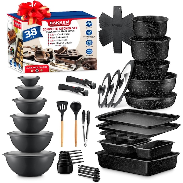 Bakkenmaster Bakken Master 38 Piece Granite Cookware and Bakeware Set, Nonstick Granite Coating - BKCWSTK38MARB