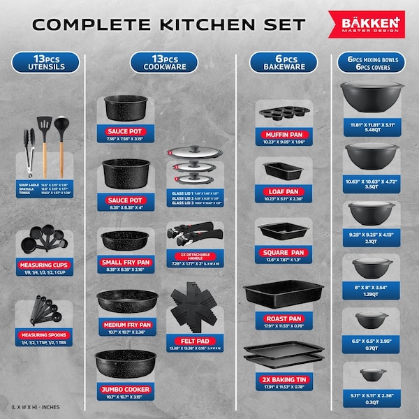 Bakkenmaster Bakken Master 38 Piece Granite Cookware and Bakeware Set, Nonstick Granite Coating - BKCWSTK38MARB