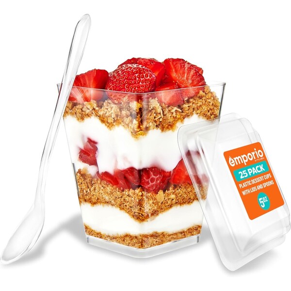 Emporio Kitchen 5oz Plastic Dessert Cups with Lids and Spoons, Clear, BPA-Free, Reusable, 25PK - EMPKDC25