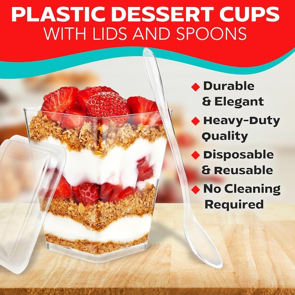 Emporio Kitchen 5oz Plastic Dessert Cups with Lids and Spoons, Clear, BPA-Free, Reusable, 25PK - EMPKDC25