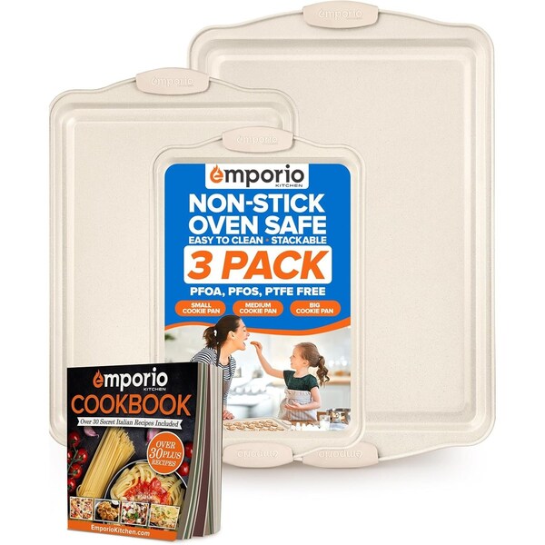 Emporio Kitchen Baking Pan Set, Oven Safe Tray, Up To 450 Deg F, White, 3PK - EMPKW33H