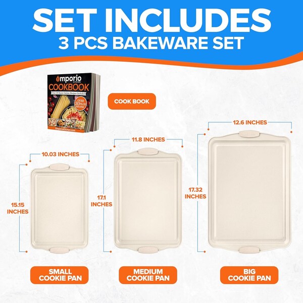 Emporio Kitchen Baking Pan Set, Oven Safe Tray, Up To 450 Deg F, White, 3PK - EMPKW33H