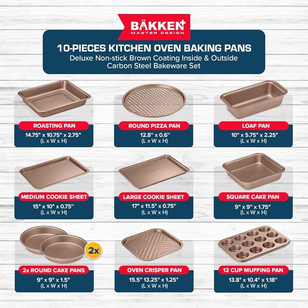 Bakken- Swiss BAKKEN 10-Piece Nonstick Bakeware Set, Carbon Steel, Stackable, PFOA-Free, Brown - BK10SBRW10