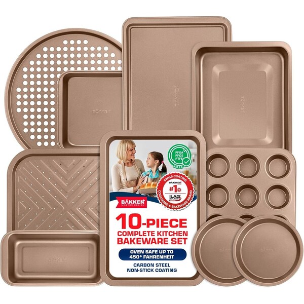 Bakken- Swiss BAKKEN 10-Piece Nonstick Bakeware Set, Carbon Steel, Stackable, PFOA-Free, Brown - BK10SBRW10