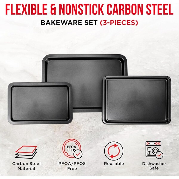 Bakken-Swiss 3-Piece Nonstick Bakeware Set, Carbon Steel, Small, Medium, Large Pans, PFOA-Free, Oven Safe - BAKBK3PC