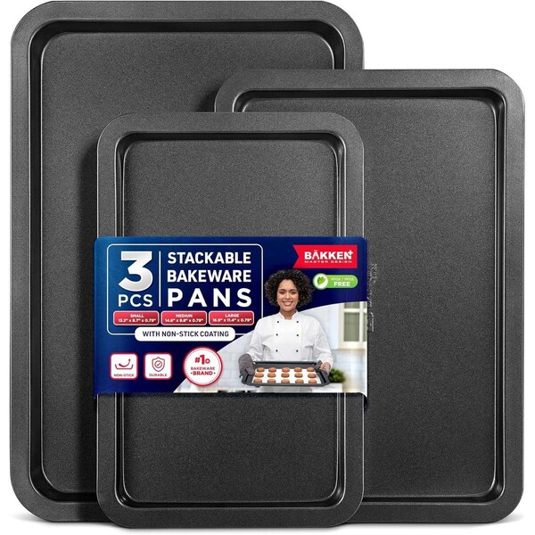 Bakken-Swiss 3-Piece Nonstick Bakeware Set, Carbon Steel, Small, Medium, Large Pans, PFOA-Free, Oven Safe - BAKBK3PC