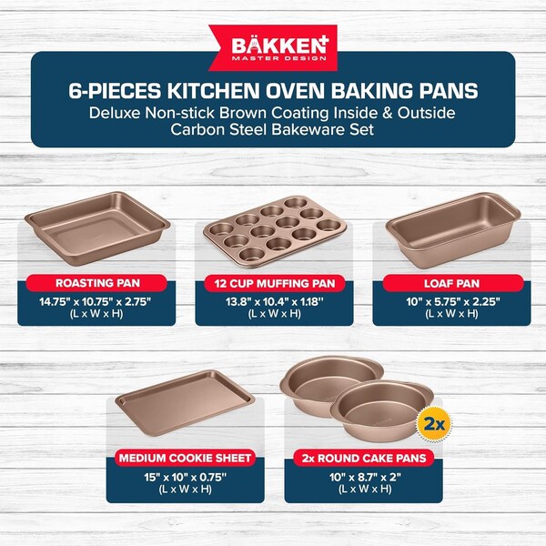Bakken- Swiss BAKKEN 6-Piece Nonstick Bakeware Set, Carbon Steel, Stackable, PFOA-Free, Brown - BK6PCBRW66