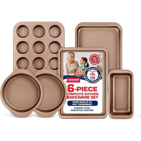 Bakken- Swiss BAKKEN 6-Piece Nonstick Bakeware Set, Carbon Steel, Stackable, PFOA-Free, Brown - BK6PCBRW66