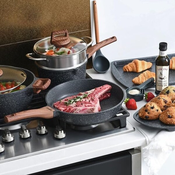 Bakken-Swiss 20-Piece Kitchen Cookware Set, Granite Non-Stick, Eco-Friendly, Oven-Safe - BKCAS20MARB