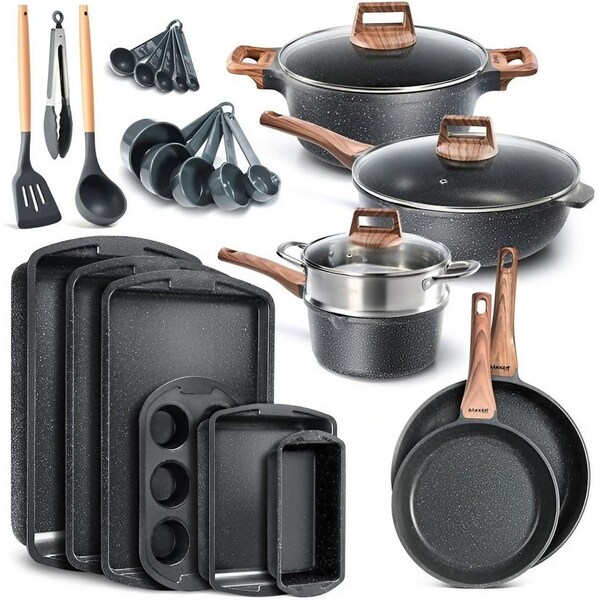 Bakken-Swiss 20-Piece Kitchen Cookware Set, Granite Non-Stick, Eco-Friendly, Oven-Safe - BKCAS20MARB