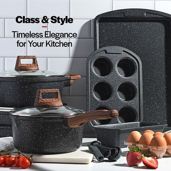 Bakken-Swiss 20-Piece Kitchen Cookware Set, Granite Non-Stick, Eco-Friendly, Oven-Safe - BKCAS20MARB