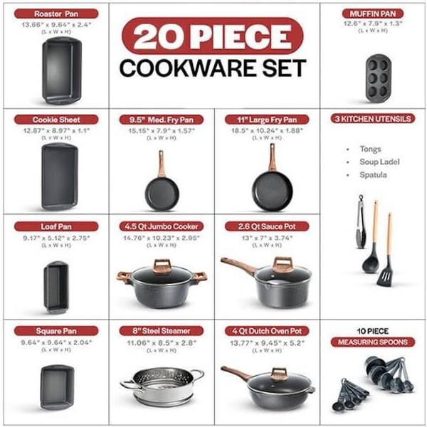 Bakken-Swiss 20-Piece Kitchen Cookware Set, Granite Non-Stick, Eco-Friendly, Oven-Safe - BKCAS20MARB