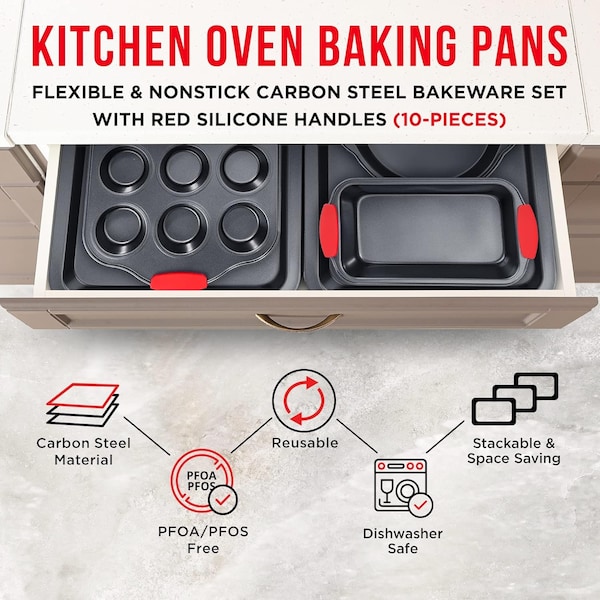 Bakkenmaster 10-Piece Baking Set, Non-Stick Blue Coating, Carbon Steel, Red Silicone Handles, PFOA-Free - BKB10SPS10