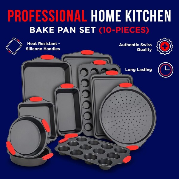 Bakkenmaster 10-Piece Baking Set, Non-Stick Blue Coating, Carbon Steel, Red Silicone Handles, PFOA-Free - BKB10SPS10