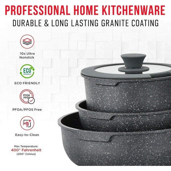 Bakken-Swiss Bakken 15-Piece Non-Stick Cookware Set with Detachable Handles, Stackable, Oven and Dishwasher Safe - BKCWSTK15DKG