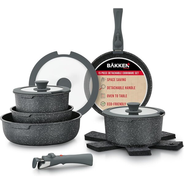 Bakken-Swiss Bakken 15-Piece Non-Stick Cookware Set with Detachable Handles, Stackable, Oven and Dishwasher Safe - BKCWSTK15DKG