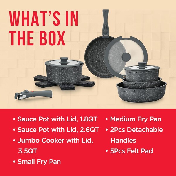 Bakken-Swiss Bakken 15-Piece Non-Stick Cookware Set with Detachable Handles, Stackable, Oven and Dishwasher Safe - BKCWSTK15DKG
