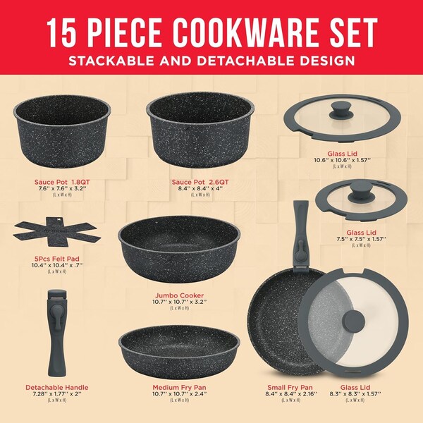 Bakken-Swiss Bakken 15-Piece Non-Stick Cookware Set with Detachable Handles, Stackable, Oven and Dishwasher Safe - BKCWSTK15DKG