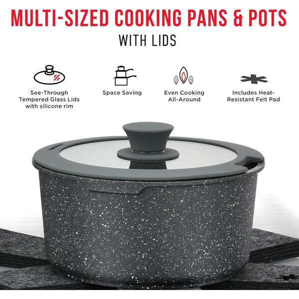 Bakken-Swiss Bakken 15-Piece Non-Stick Cookware Set with Detachable Handles, Stackable, Oven and Dishwasher Safe - BKCWSTK15DKG