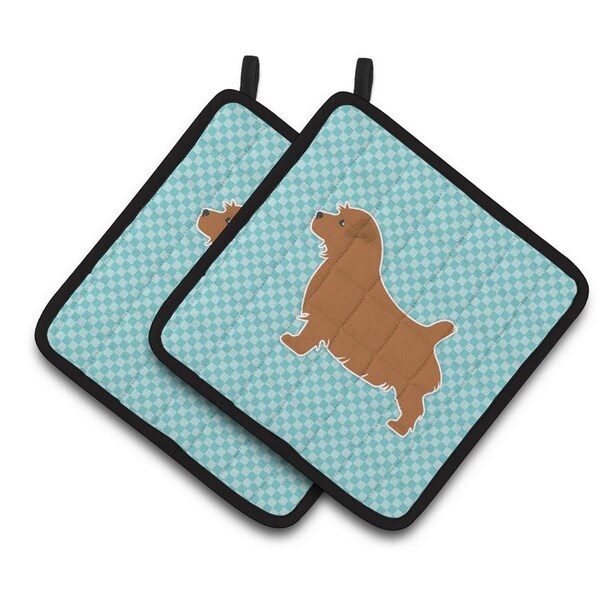 Carolines Treasures Norfolk Terrier Checkerboard Blue Pair of Pot Holders - BB3709PTHD