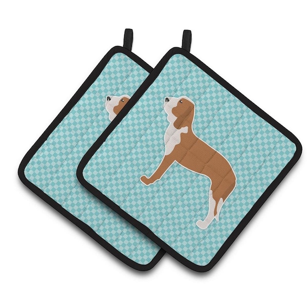 Carolines Treasures Spanish Hound Checkerboard Blue Pair of Pot Holders - BB3691PTHD