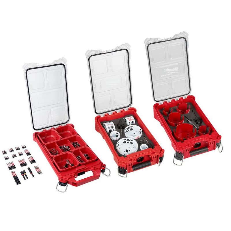 Juego de sierras de agujero de uso general Bi-Metal Milwaukee Hole Dozer, BIG HAWG de carburo y conjunto de brocas con caja PACKOUT (119 piezas) - 49-22-5606-49-56-9295-48-32-4082