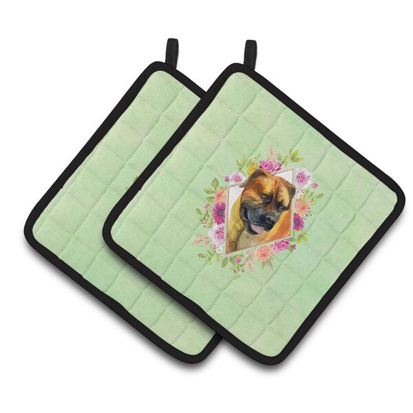 Carolines Treasures 7.5 x 7.5 in. Borboel Mastiff Green Flowers Pair of Pot Holders - CK4281PTHD