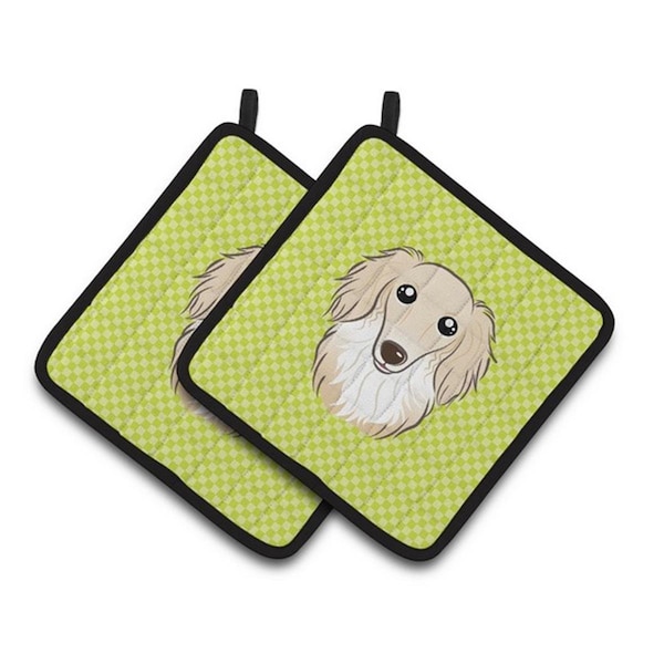 Carolines Treasures Checkerboard Lime Green Longhair Creme Dachshund Pair of Pot Holders, 7.5 x 3 x 7.5 in. - BB1274PTHD