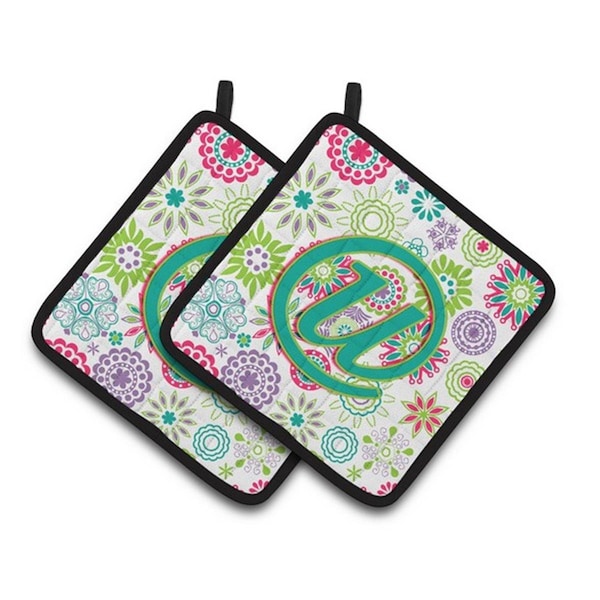 Carolines Treasures Letter U Flowers Pink Teal Green Initial Pair of Pot Holders, 7.5 x 3 x 7.5 in. - CJ2011-UPTHD