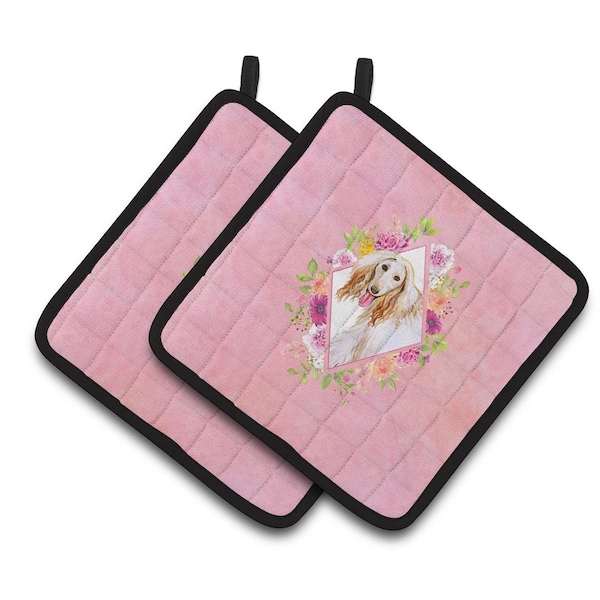 Carolines Treasures 7.5 x 7.5 in. Afghan Hound Pink Flowers Pair of Pot Holders - CK4110PTHD