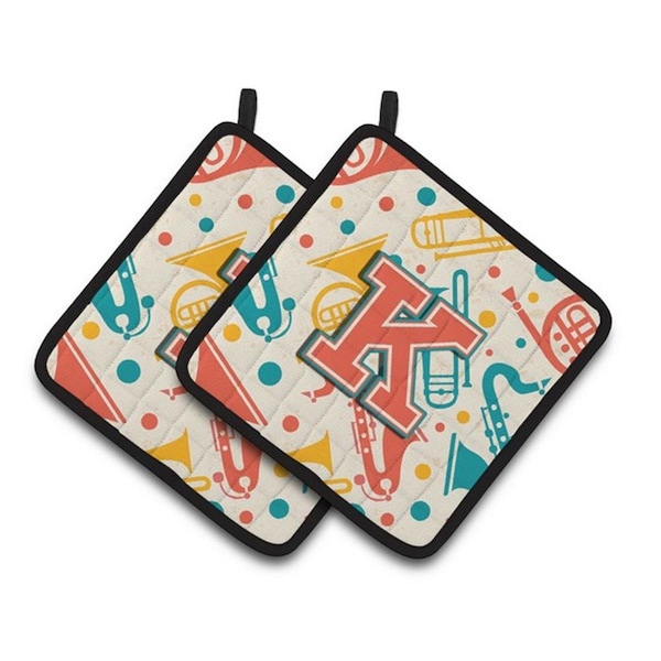 Carolines Treasures Letter K Retro Teal Orange Musical Instruments Initial Pair of Pot Holders, 7.5 x 3 x 7.5 in. - CJ2001-KPTHD